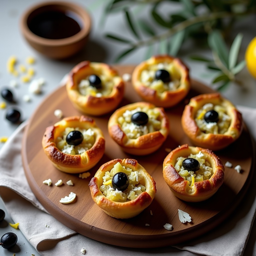 Tartaletas doradas y crujientes rellenas de una mezcla cremosa de alcachofas, aceitunas Taggiasche negras y cebolla morada, decoradas con albahaca fresca. Plato italiano sin gluten preparado en airfryer, con textura perfecta y presentación gourmet.