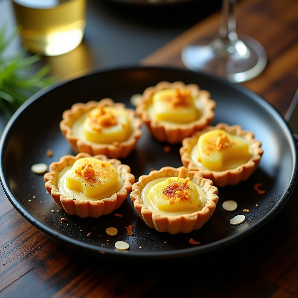 Tartaletas doradas de base de almendra rellenas de alcachofas en láminas y crema de azafrán, decoradas con hebras de azafrán y almendras fileteadas sobre un plato de cerámica negra.