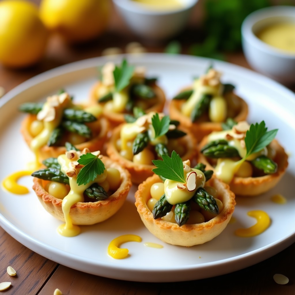 Tartaletas griegas veganas de alcachofa y espárragos con salsa de limón confitado, servidas en molde dorado sobre tabla de madera rústica, decoradas con perejil fresco y semillas de sésamo.