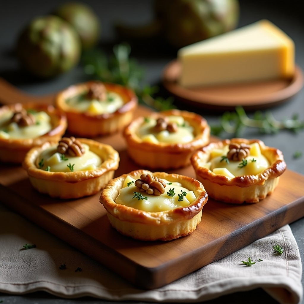 Tartaletas doradas de hojaldre rellenas de alcachofa y gorgonzola, con nueces picadas y tomillo fresco, servidas en una bandeja de madera rústica.