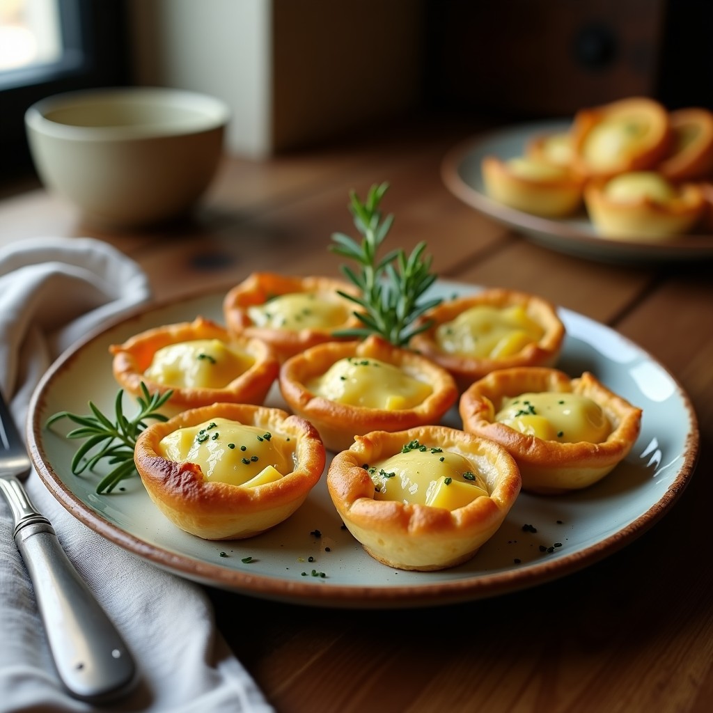 Tartaletas doradas de masa integral con relleno de alcachofas en cuartos y queso de oveja fundido, decoradas con una ramita de romero fresco sobre un plato de cerámica rústica. Receta española de tartaletas de alcachofa y queso de oveja al horno.
