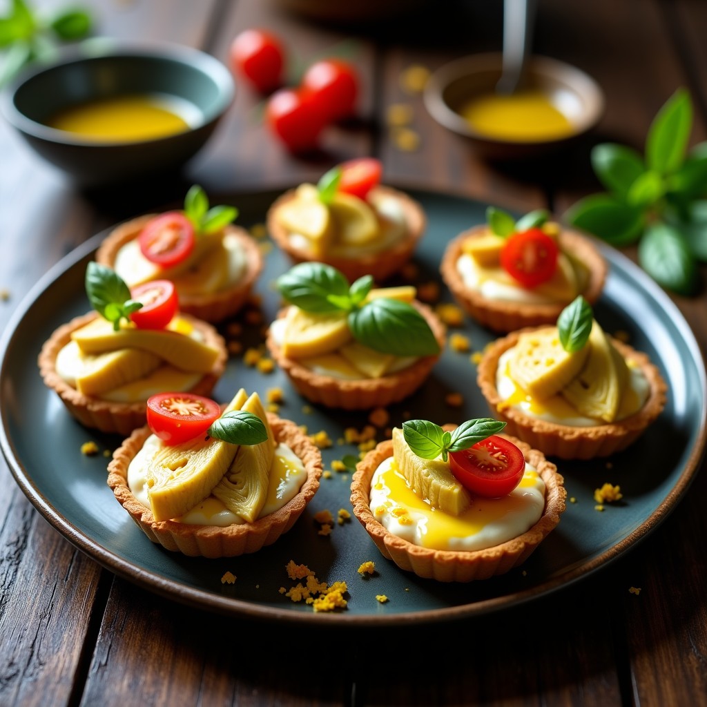 Tartaletas doradas de masa sin gluten rellenas de crema de queso vegano de anacardos y trozos de alcachofa, bañadas con vinagreta de azafrán dorada y decoradas con hojas de albahaca fresca sobre un plato de cerámica blanca.