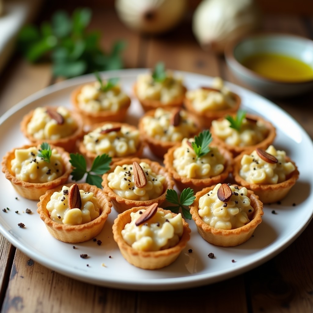 Tartaletas doradas con base crujiente sin gluten, rellenas de una mezcla cremosa de alcachofas y tofu ahumado, decoradas con almendras fileteadas y hierbas frescas. Receta vegana y sin gluten de tartaletas de alcachofa y tofu ahumado.