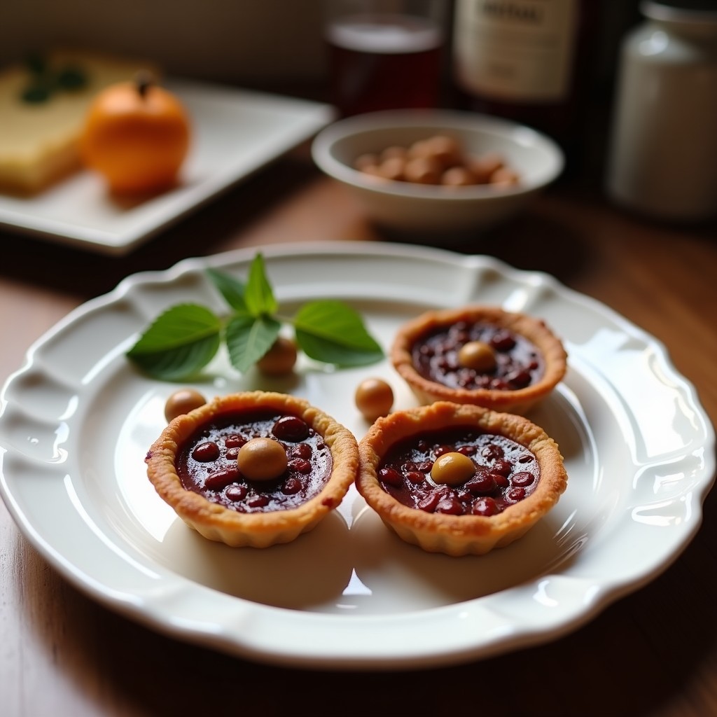 Tartaletas de algarroba y avellanas sin azúcar ni horno, con base crujiente de avellanas y crema espesa de algarroba, decoradas con coco rallado y ralladura de naranja sobre un plato de cerámica blanca con fondo rústico.