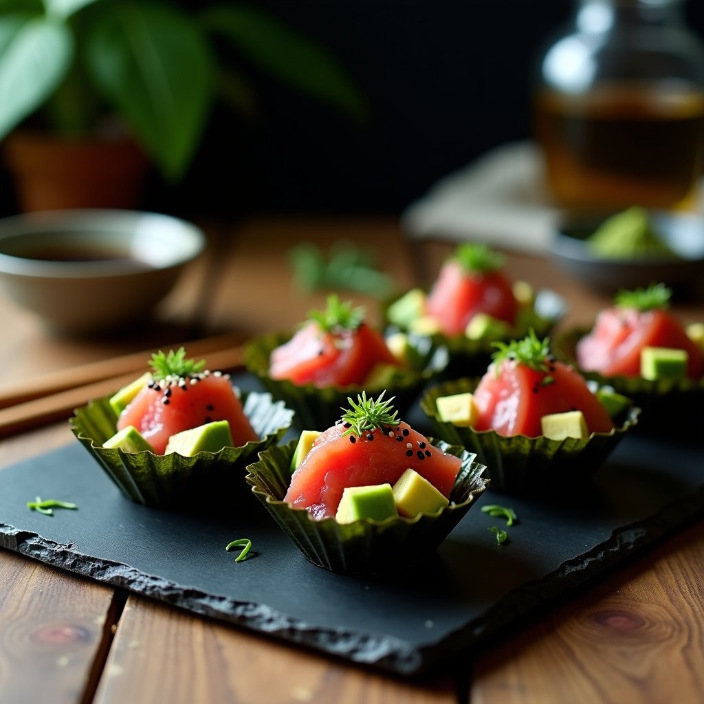 Tartaletas de Algas Nori con Atún Crudo y Wasabi: Entrante Japonés Keto en 15 Minutos