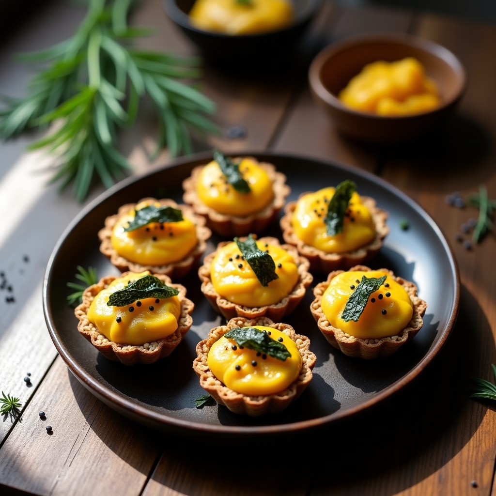 Tartaletas veganas de algas nori y queso de anacardos dispuestas en bandeja de madera, con base dorada de semillas, relleno cremoso y decoración de tiras de alga nori y sésamo negro. Aperitivo gourmet con toque umami.