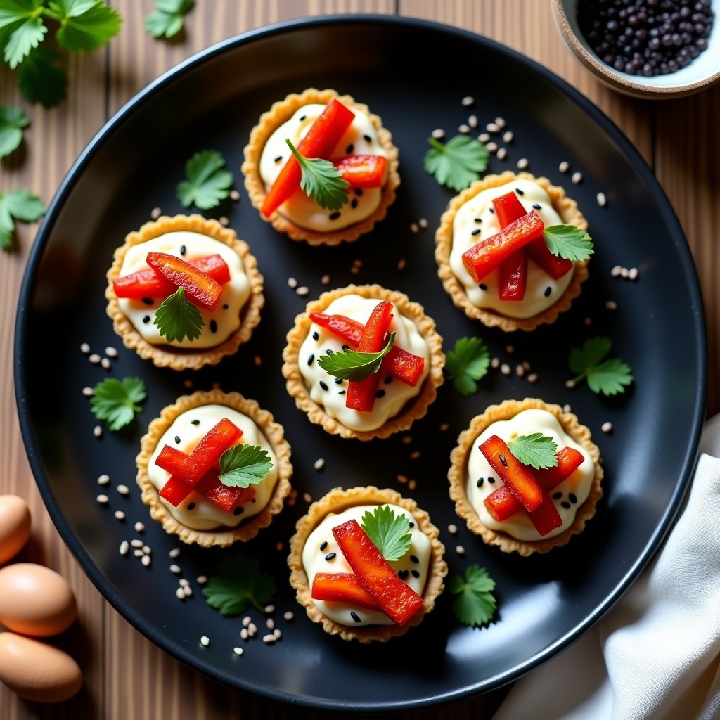 Tartaletas crudiveganas con base dorada de semillas de lino y algas wakame, rellenas de crema de tofu de anacardos blanco y pimientos rojos asados en tiras, decoradas con semillas de sésamo negro y hojas de cilantro fresco sobre un plato de cerámica negra.
