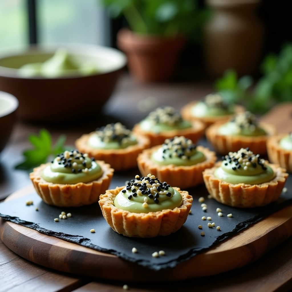 Tartaletas veganas crudiveganas de base dorada de avena, rellenas de crema suave de tofu sedoso y algas wakame, coronadas con semillas de sésamo negro y blanco tostadas, servidas en bandeja de madera rústica.