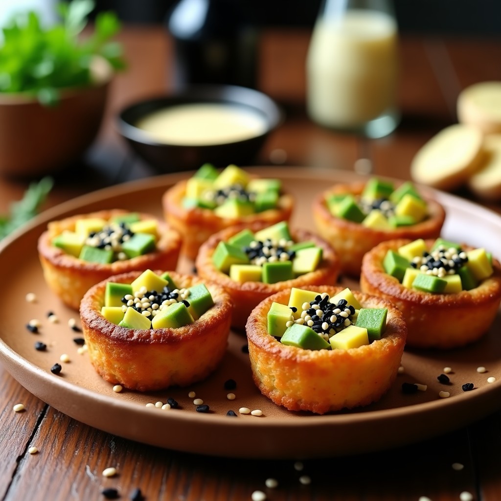 Tartaletas doradas de algas wakame y quinoa en airfryer, servidas en plato de madera con relleno de aguacate en cubos y semillas de sésamo negro y blanco. Acompañadas de salsa de sésamo cremosa en un bol pequeño, con fondo de ingredientes japoneses como jengibre y salsa de soja.