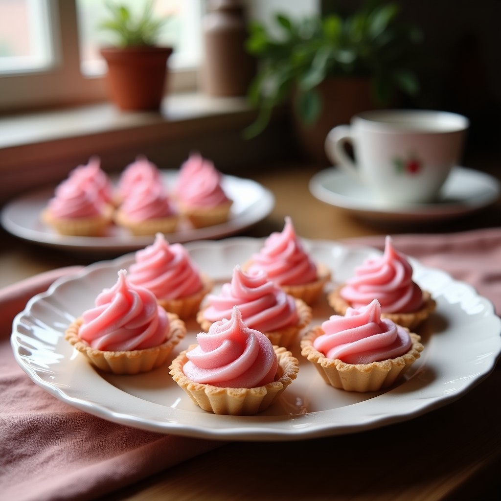 Tartaletas de algodón de azúcar rosa y frambuesas frescas sobre base crujiente de coco, postre sin horno y sin lácteos, servidas en moldes dorados con detalles de crema de coco batida.