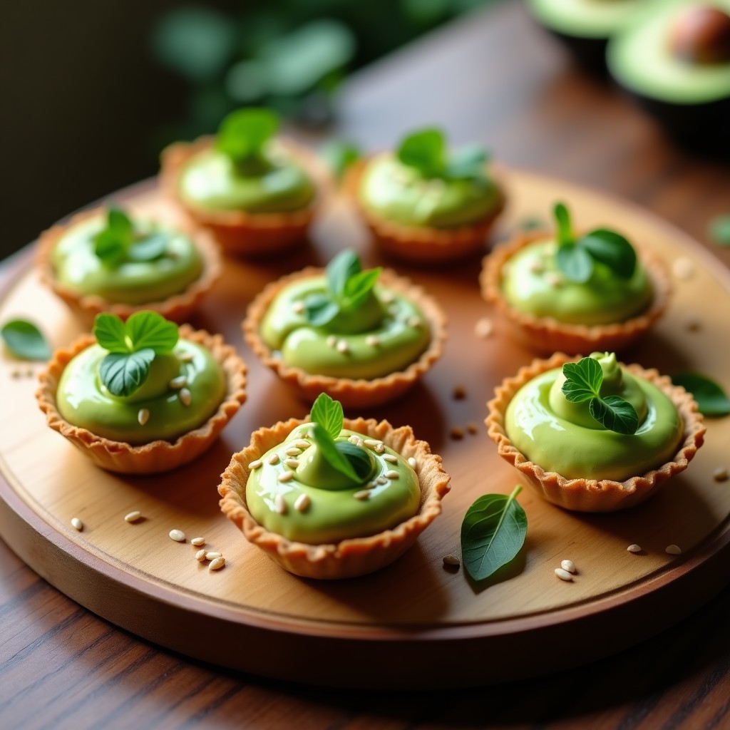 Tartaletas keto de almendra doradas con relleno cremoso de aguacate y berros frescos, decoradas con semillas de sésamo y aceite de sésamo, servidas en bandeja de madera rústica.