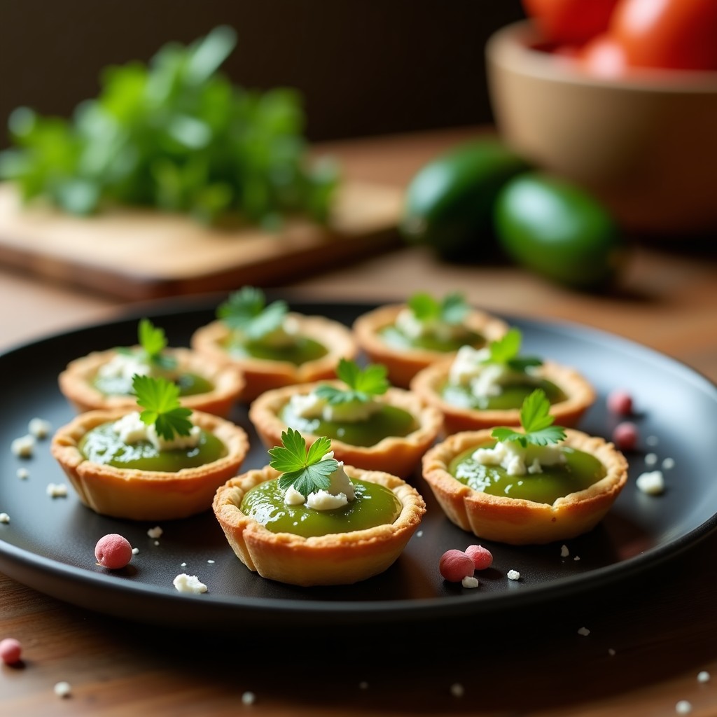 Tartaletas doradas de almendra rellenas de mermelada de tomate verde brillante, coronadas con queso de cabra desmenuzado y hojas de cilantro fresco sobre un plato de cerámica negra, postre salado-dulce sin harina.