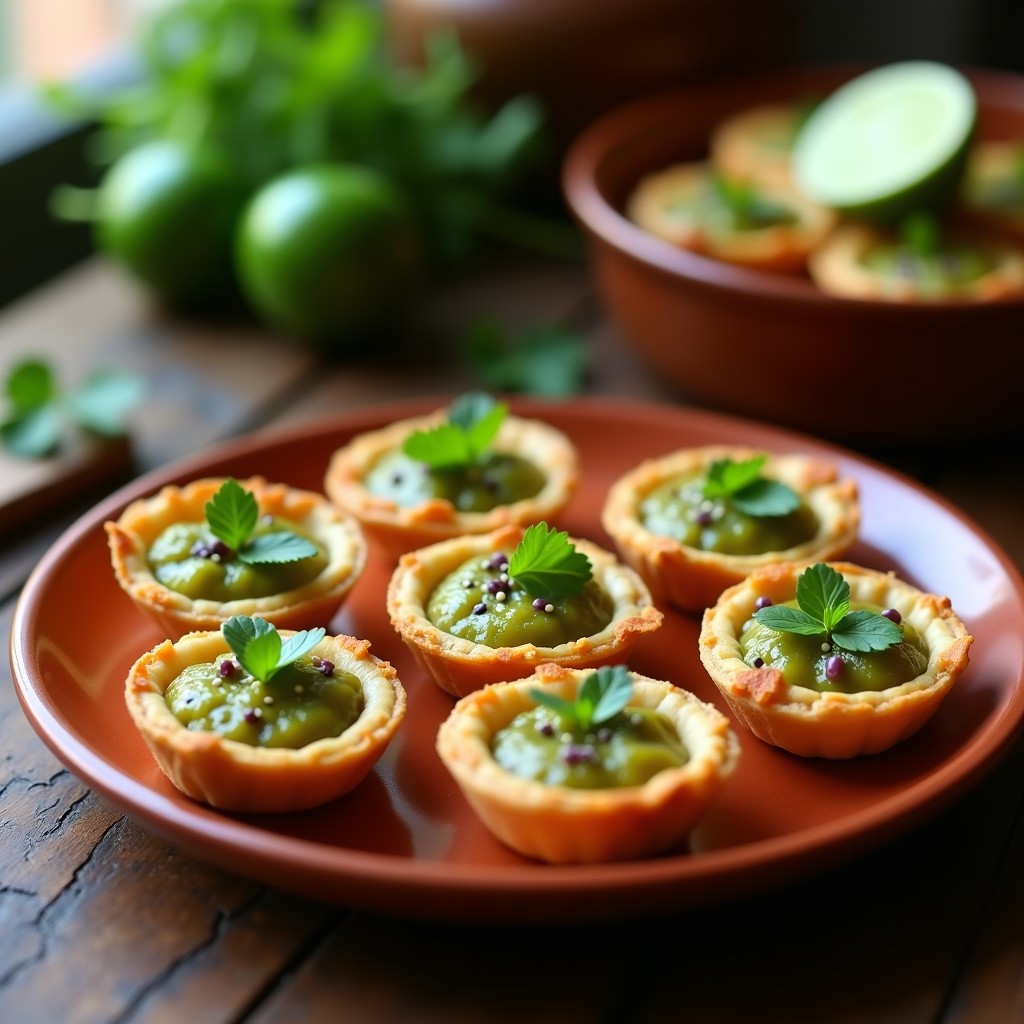 Tartaletas doradas de almendra rellenas de mermelada de tomate verde, decoradas con cilantro fresco sobre una tabla de madera rústica. Aperitivo mexicano vegano y sin gluten.
