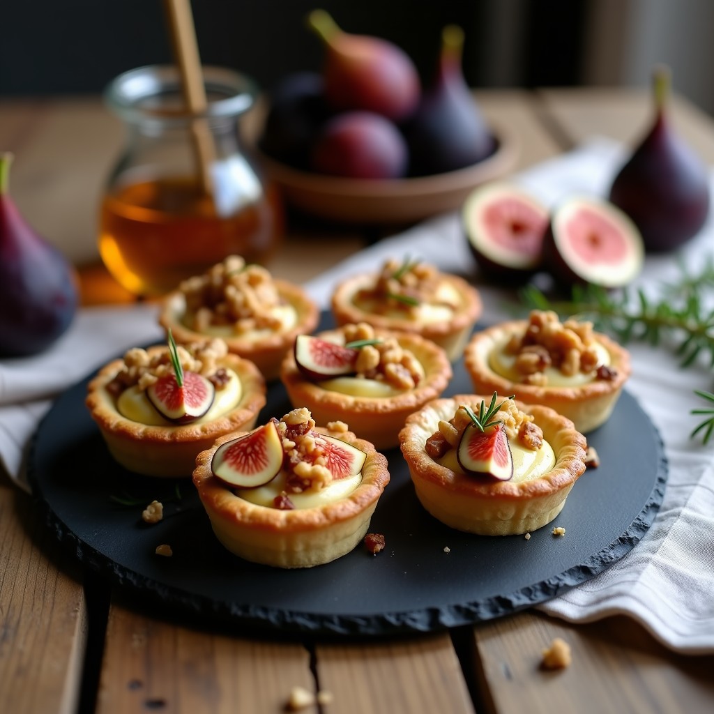 Tartaletas doradas de masa de almendra con relleno cremoso de queso de cabra, coronadas con higos frescos en cuartos, nueces picadas y un hilo de miel de romero, sobre fondo rústico de madera.