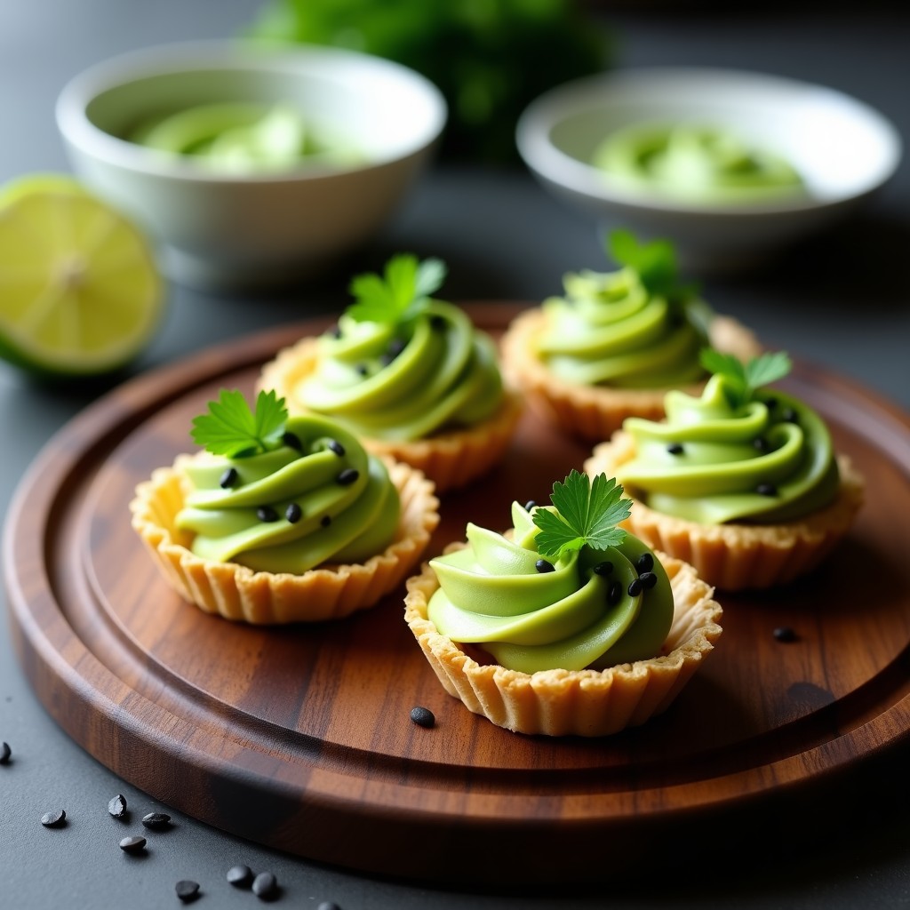 Tartaletas keto de masa de almendra dorada rellenas de crema verde de wasabi y aguacate, decoradas con semillas de sésamo negro y cebollino picado sobre una tabla de madera rústica.