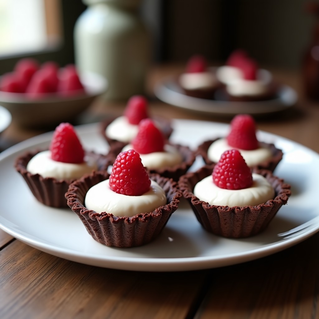 Tartaletas keto de arroz inflado con base crujiente de chocolate negro 85%, rellenas de crema de coco aireada y decoradas con frambuesas frescas y almendras fileteadas, sobre un plato blanco con fondo oscuro.