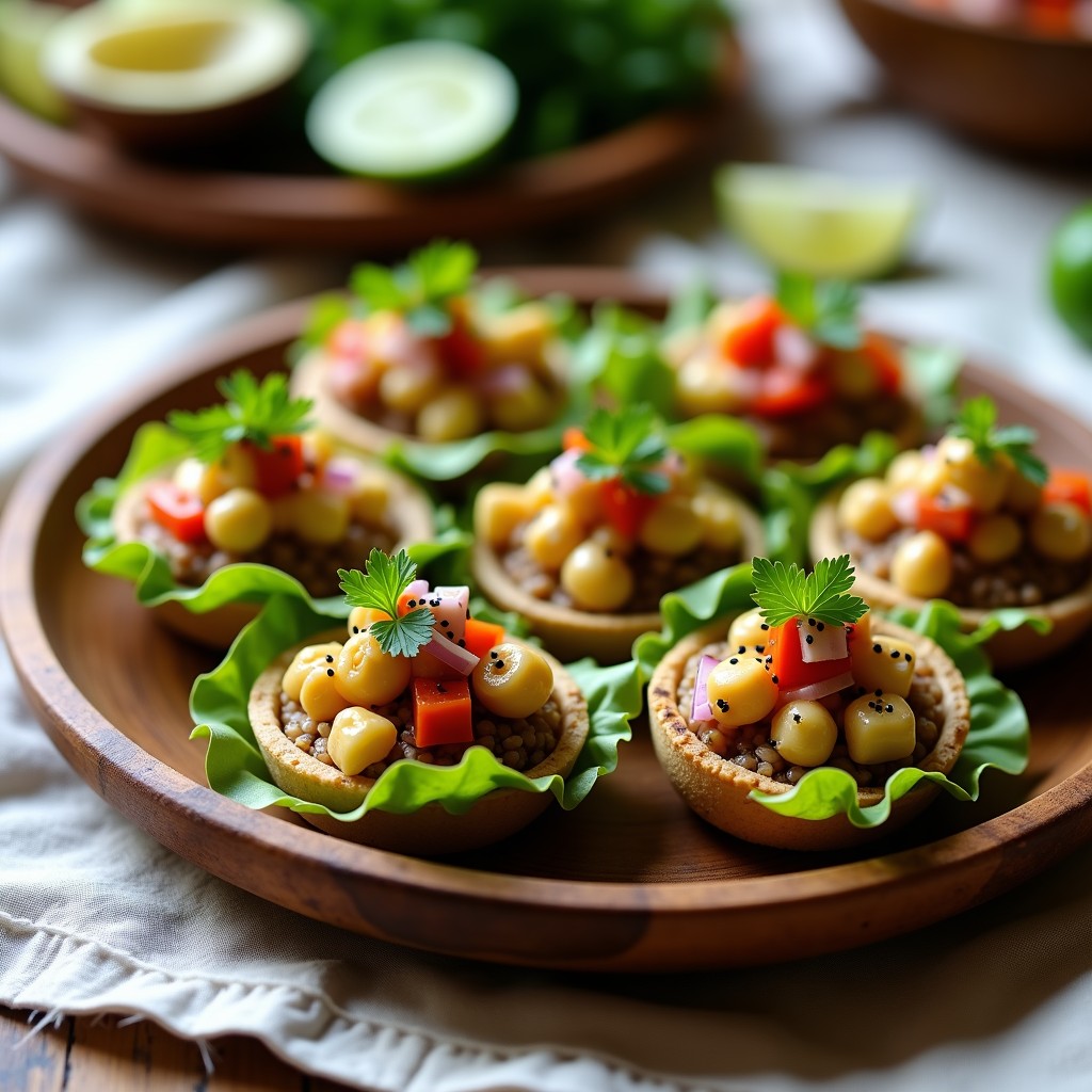 Tartaletas de arroz salvaje tostado con ceviche de champiñones portobello marinado en lima, ají amarillo y cilantro, decoradas con anacardos y semillas de sésamo negro sobre un plato de madera rústico. Aperitivo vegano sin cocción.