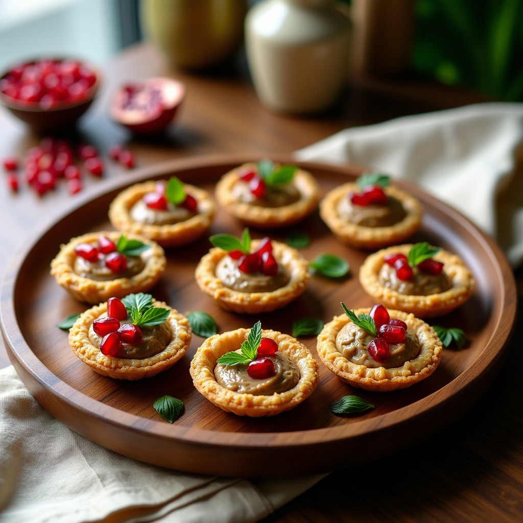 Tartaletas de baba ganoush y granada sobre base crujiente de semillas, decoradas con perejil y menta fresca. Plato libanés vegano y sin gluten, servido en bandeja de madera rústica.