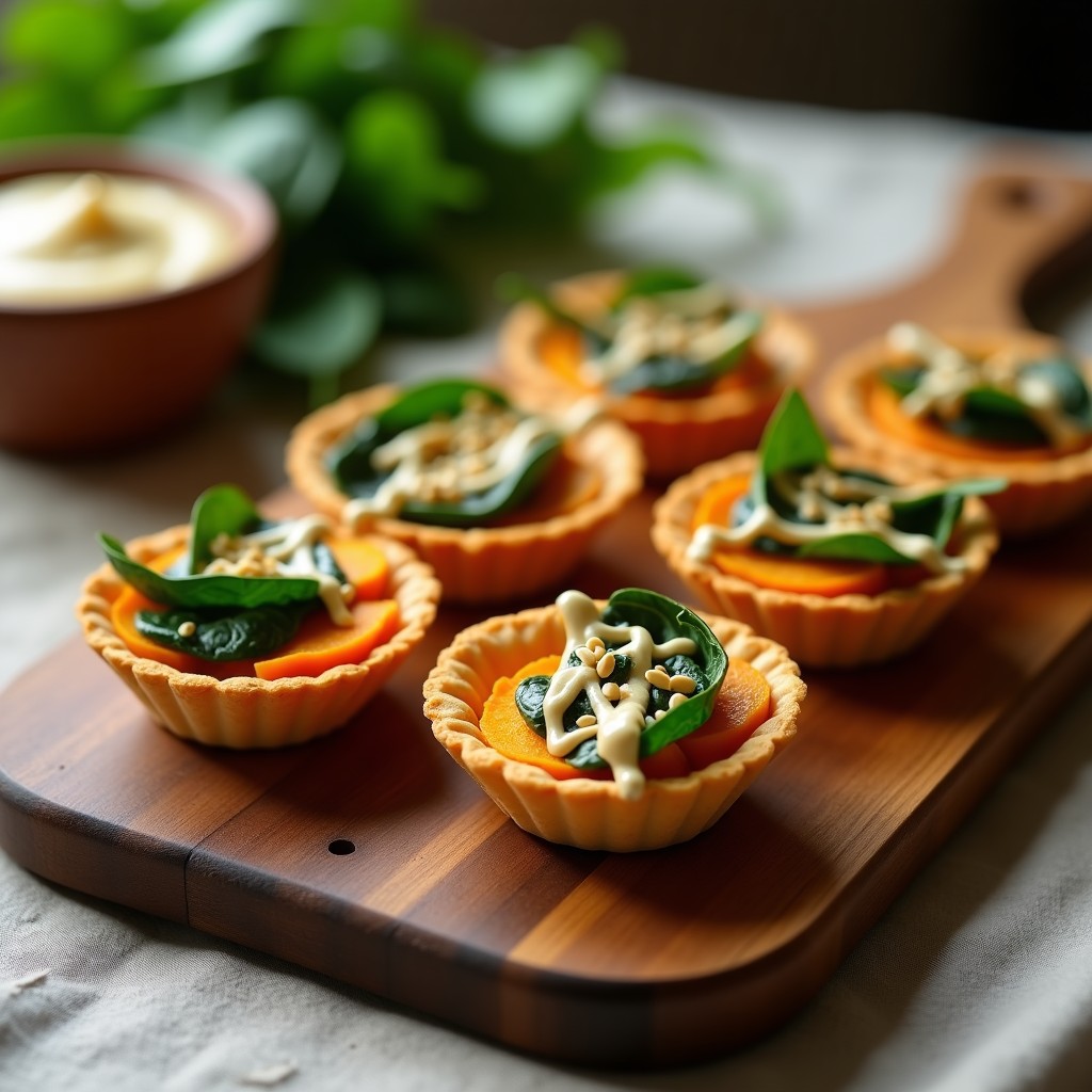 Tartaletas doradas de batata y masa de garbanzo rellenas de espinacas salteadas y cebolla morada, coronadas con crema de tahini sedosa y semillas de sésamo. Plato de aperitivo vegano y sin gluten con toques de pimentón ahumado.