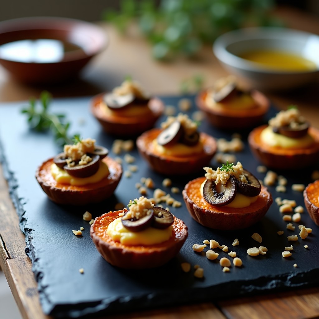 Tartaletas veganas gourmet de batata morada asada con relleno cremoso de nueces, hongos portobello dorados y virutas de trufa negra, servidas en plato de pizarra con decoración de cebolla morada y aceite de trufa.