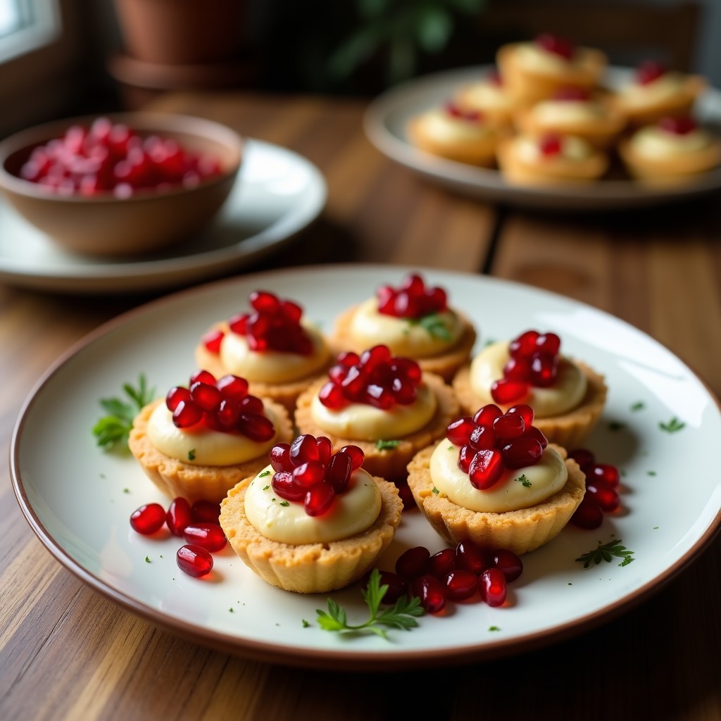 Tartaletas veganas sin horno de batata dorada rellenas de hummus cremoso, decoradas con semillas de granada rojas vibrantes, perejil fresco y un chorrito de aceite de oliva sobre fondo rústico de madera.