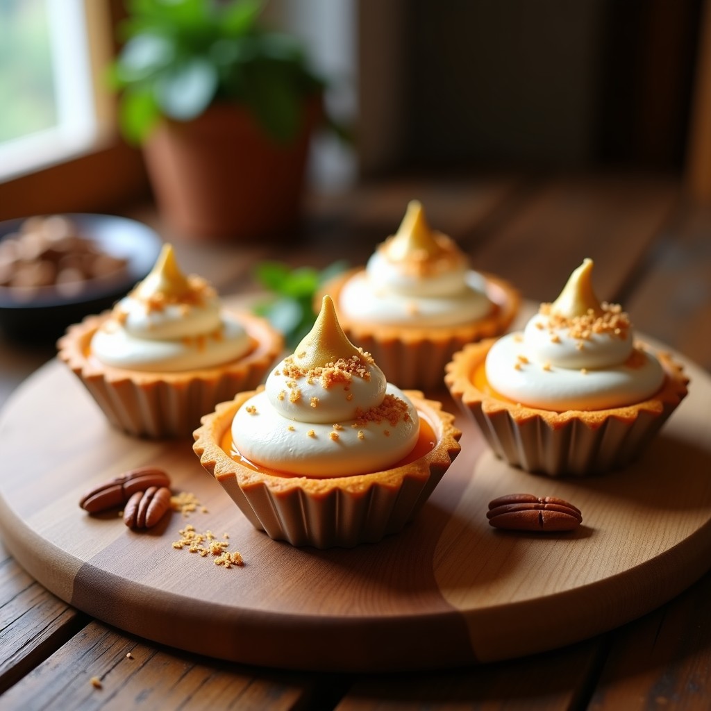 Tartaletas de batata y merengue de aquafaba en moldes individuales, con puré de batata naranja cremoso, merengue blanco esponjoso tostado con soplete, decoradas con nueces pecanas picadas y coco rallado sobre fondo rústico de madera.