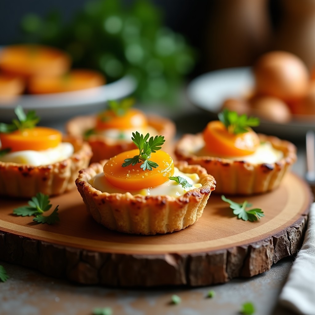 Tartaletas doradas de batata y merluza con costra crujiente de almendras, servidas en molde de silicona sobre tabla de madera rústica. Receta sin gluten en airfryer.