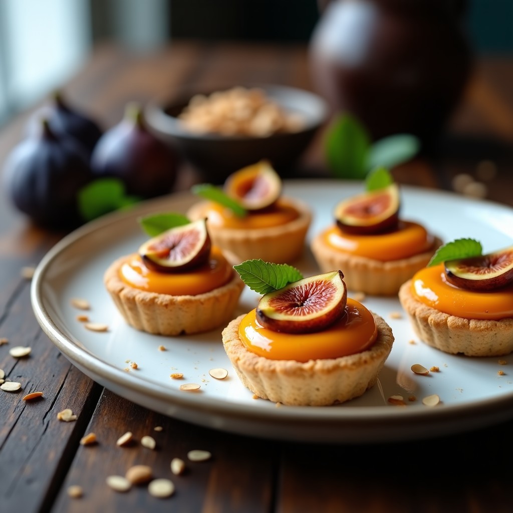 Tartaletas veganas sin horno con base crujiente de galletas de arroz, rellenas de crema de batata naranja y miso blanco, coronadas con higos caramelizados brillantes y semillas de sésamo negro. Postre elegante y saludable.