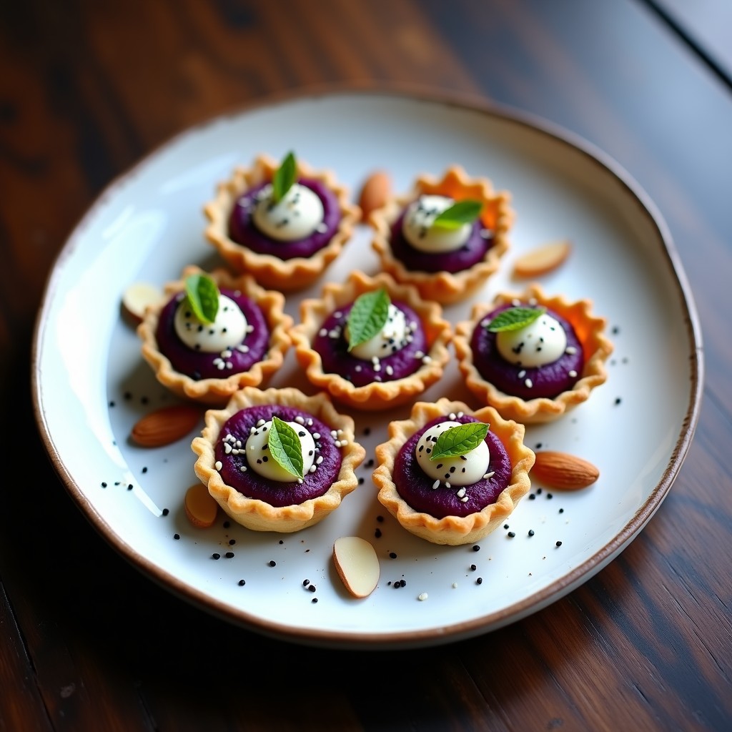 Tartaletas veganas gourmet de batata morada y ceuta con crujiente de almendra tostada, decoradas con semillas de sésamo y hojas de menta sobre un plato de cerámica blanca.