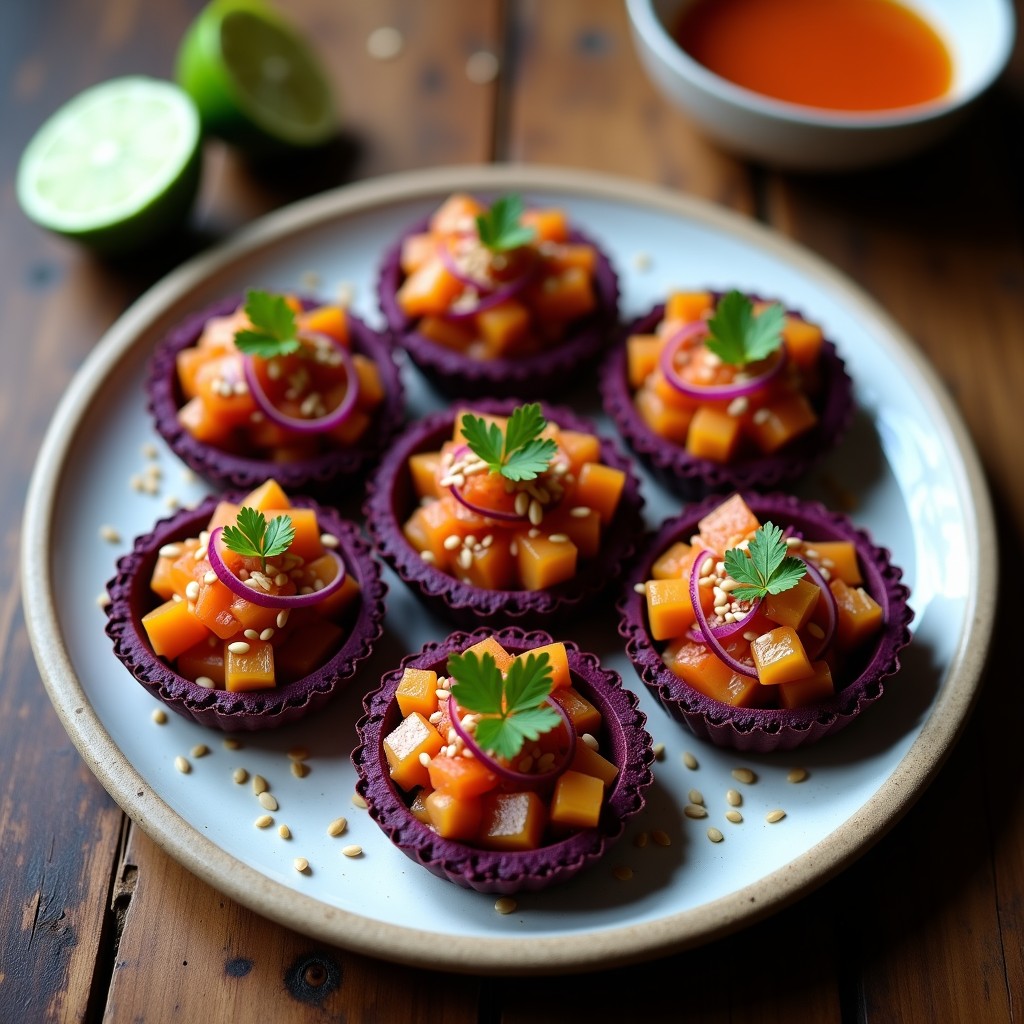 Tartaletas veganas de batata morada con ceviche de champiñones en molde de silicón, decoradas con microgreens y semillas de sésamo negro.