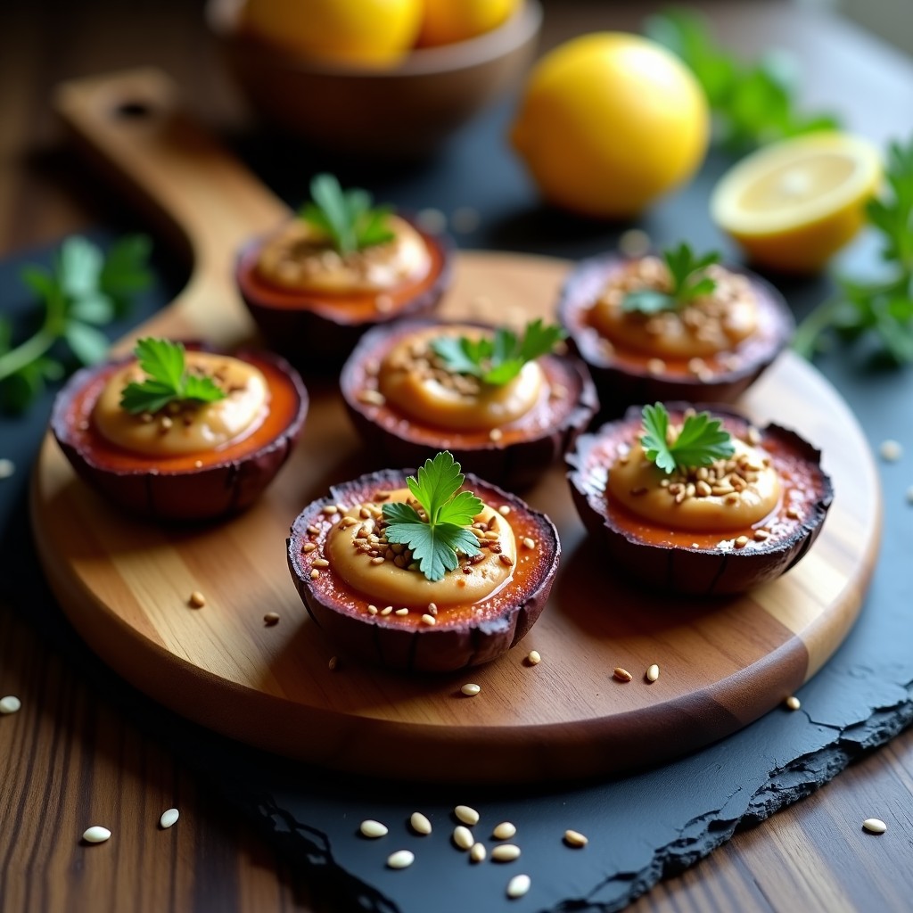 Tartaletas veganas de batata morada asada en airfryer, rellenas de crema de cacahuete satisfecho con especias, decoradas con cilantro fresco y semillas de sésamo tostadas, servidas en una bandeja de madera rústica.