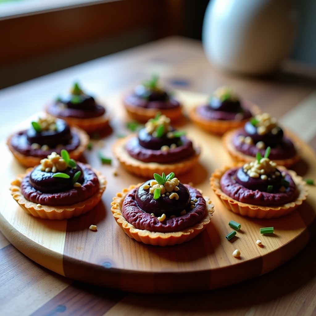 Tartaletas de batata morada crujientes rellenas de hummus de lentejas negras cremoso, decoradas con almendras tostadas, semillas de sésamo y perejil fresco sobre una tabla de madera rústica.
