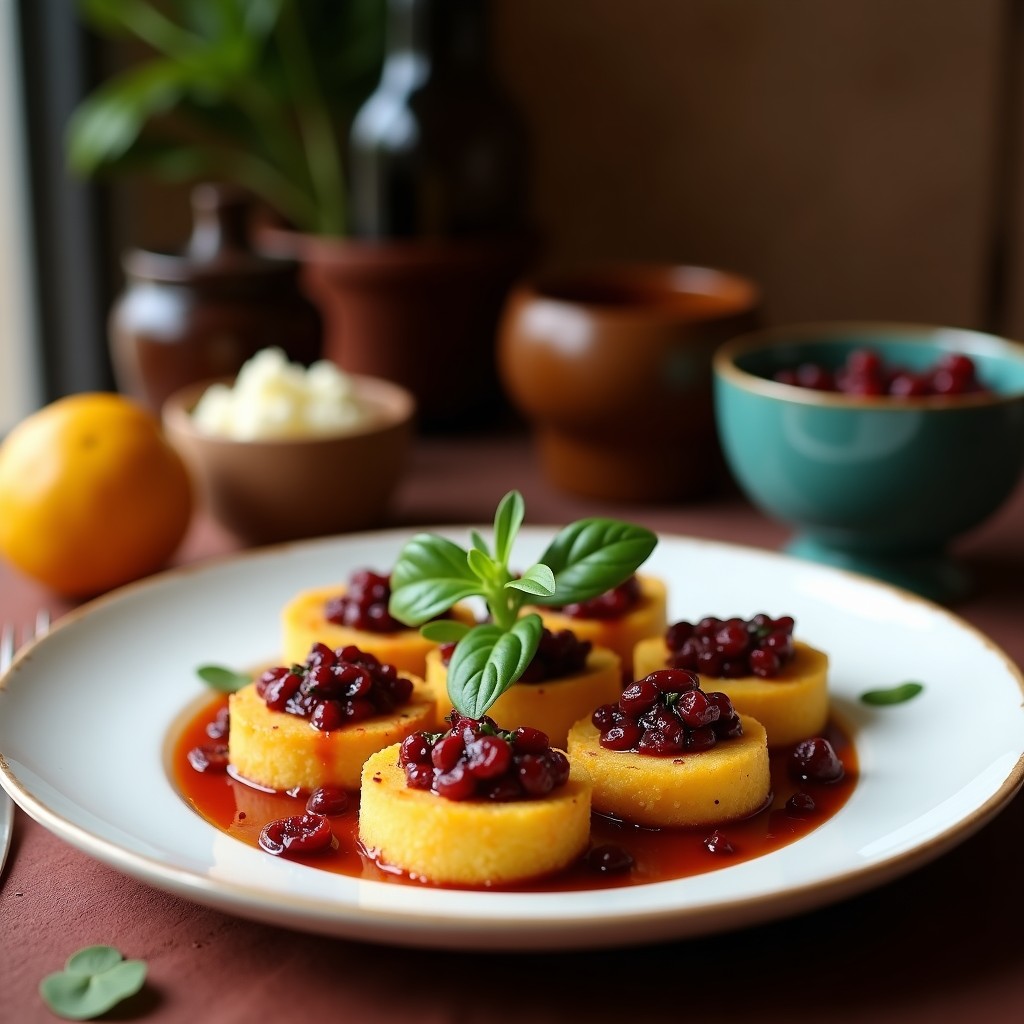 Tartaletas de batata morada con paté de aceitunas Kalamata y alcaparras, aperitivo mediterráneo sin gluten, servidas en bandeja de madera con decoración de tomillo fresco y aceite de oliva.