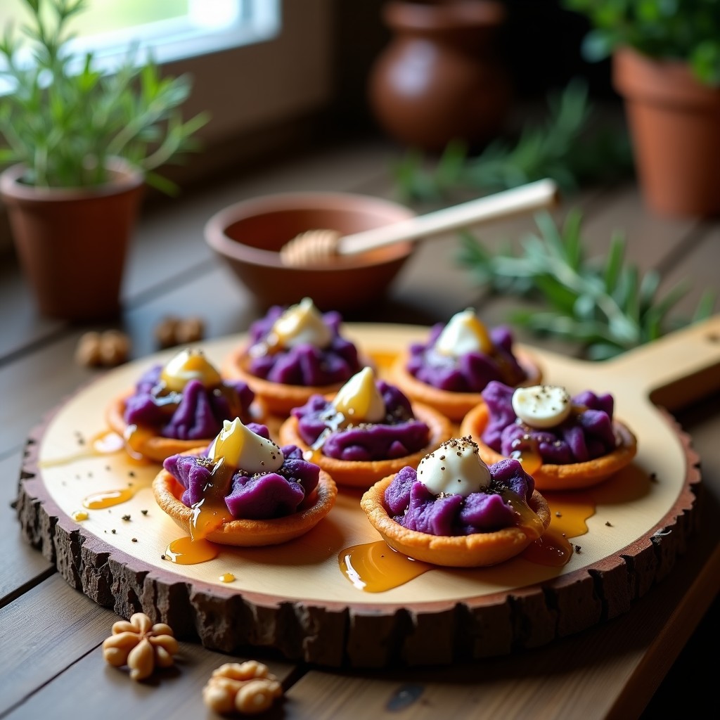 Tartaletas de batata morada y queso de cabra con miel en moldes de silicona, base dorada y relleno cremoso violeta, decoradas con almendras fileteadas y hilo de miel de romero sobre fondo rústico de madera.