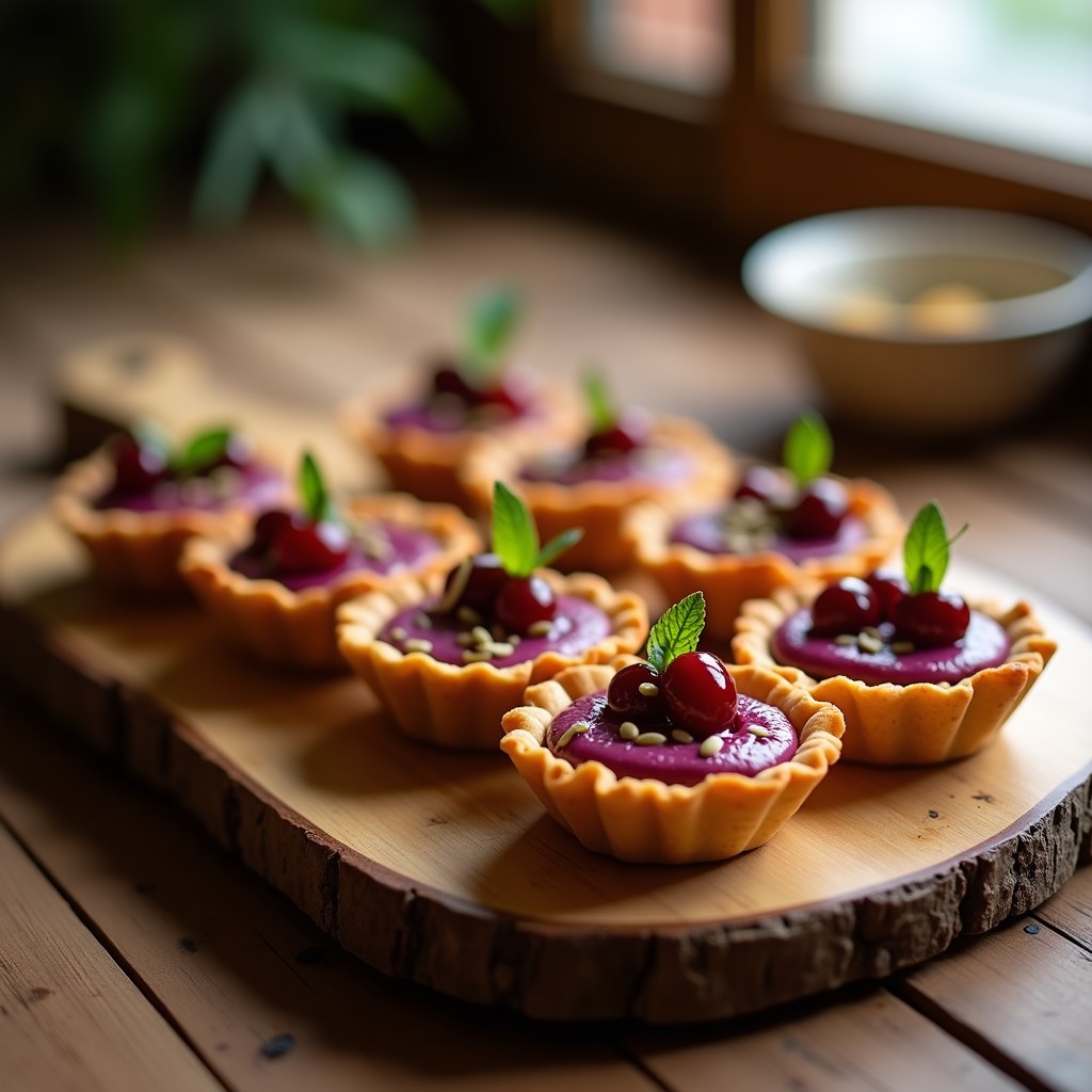 Tartaletas de Batata Morada y Queso de Castañas con Reducción de Arándanos: Aperitivo Vegano Gourmet