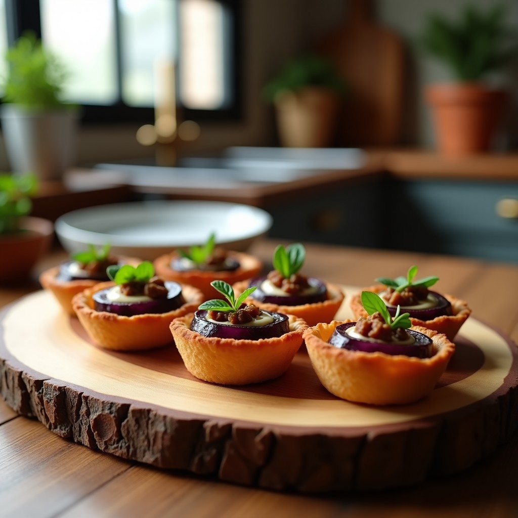 Tartaletas veganas en airfryer con base crujiente de harina de garbanzo, rodajas de batata morada asada y relleno cremoso de tahini con pasas, decoradas con semillas de sésamo y hojas de menta.