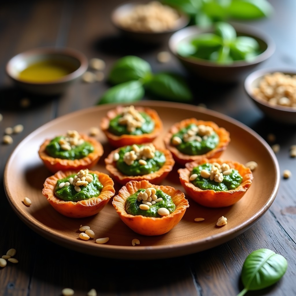 Tartaletas veganas de batata dorada con relleno cremoso de pesto de espinacas y topping crujiente de nueces pecanas y semillas de calabaza, servidas en plato de madera rústico con fondo difuminado.