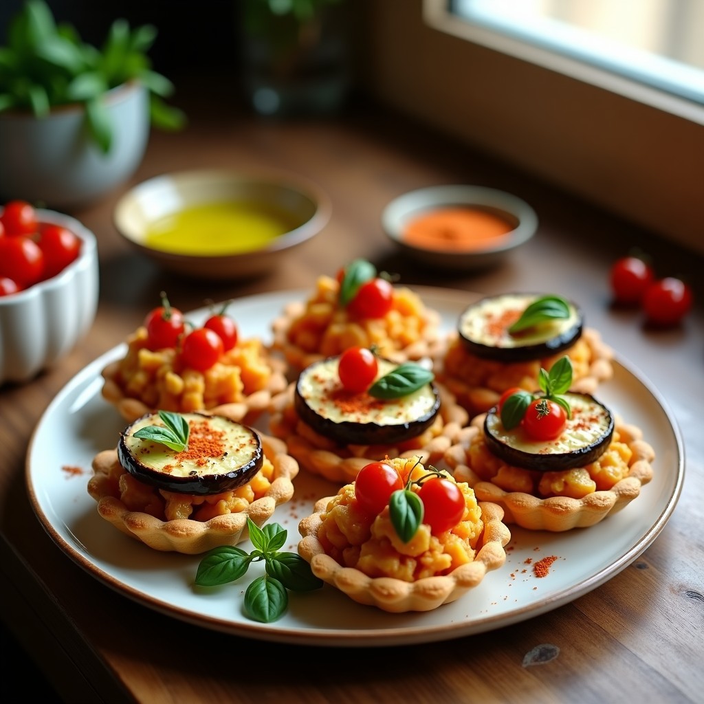 Tartaletas doradas de hojaldre rellenas de tofu marinado y berenjena ahumada, decoradas con tomate cherry y albahaca fresca, receta vegana en airfryer.