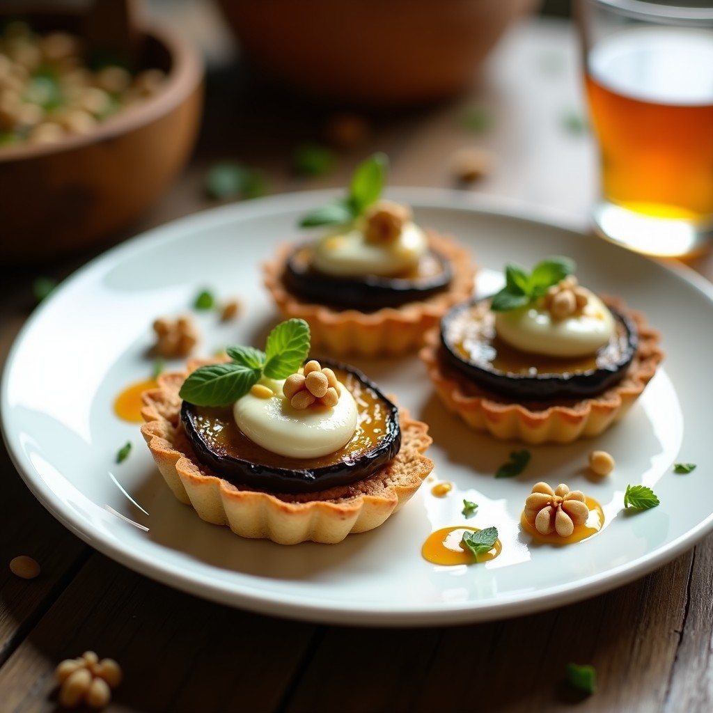 Tartaletas francesas sin harina con base dorada de almendras, rellenas de rodajas de berenjena asada y queso de cabra cremoso, decoradas con nueces picadas, reducción de miel de tomillo y hojas de menta fresca sobre un plato de cerámica blanca.