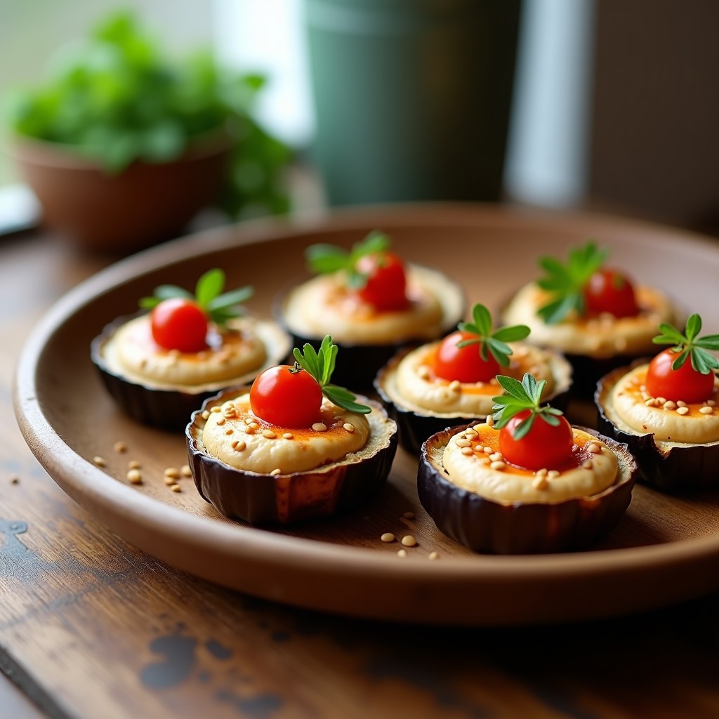 Tartaletas de berenjena asada en airfryer rellenas de hummus ahumado, decoradas con tomates cherry, perejil fresco y semillas de sésamo tostadas, servidas en un plato de madera rústico.
