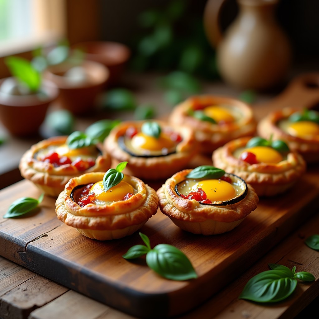 Tartaletas de berenjena y parmesano al horno en molde de hojaldre dorado, con rodajas de berenjena asada y tomate seco, servidas en bandeja rústica de madera.