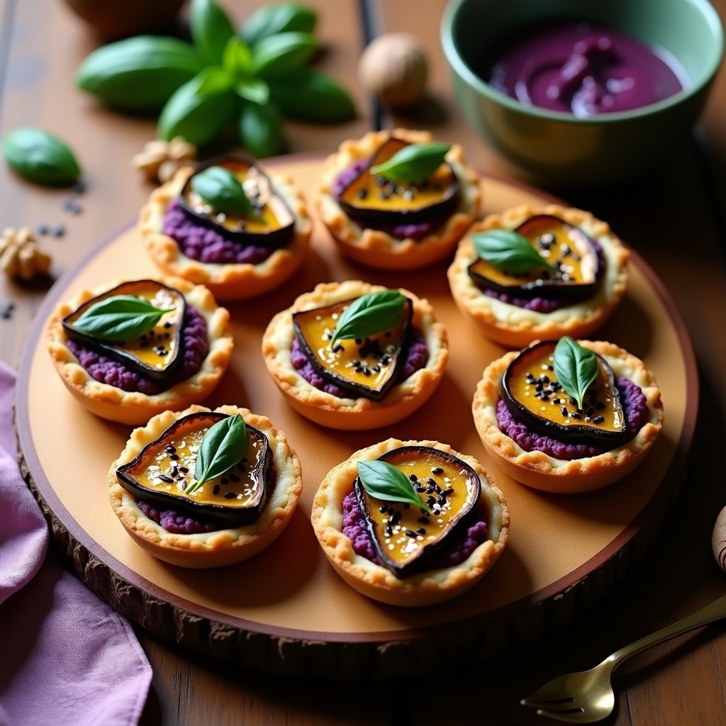 Tartaletas de Berenjena Asada y Pesto de Albahaca Morada: Entrante Vegano Italiano