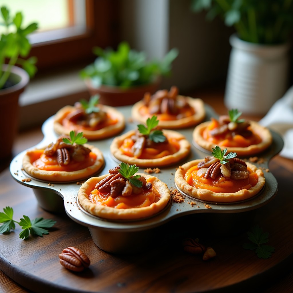 Tartaletas doradas de boniato y cebolla caramelizada con pecanas tostadas, servidas en molde rústico de metal sobre tabla de madera oscura, con hojas de perejil fresco como decoración. Receta vegana sin gluten.
