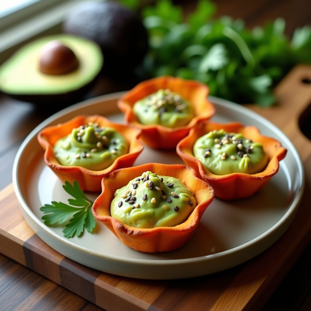Tartaletas de boniato dorado en moldes de silicona, rellenas de guacamole cremoso verde, decoradas con semillas de chía y sésamo, sobre un plato de madera rústica con hierbas frescas al lado.