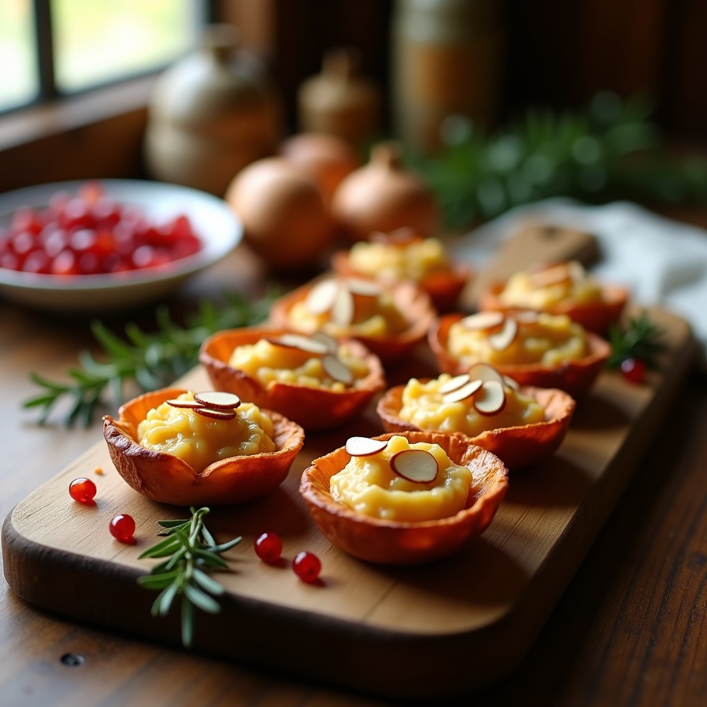 Tartaletas de boniato y queso de cabra con miel de romero, entrante español sin harina, con base crujiente dorada, queso cremoso y almendras fileteadas, decoradas con hojas de romero fresco y un hilo de miel brillante.