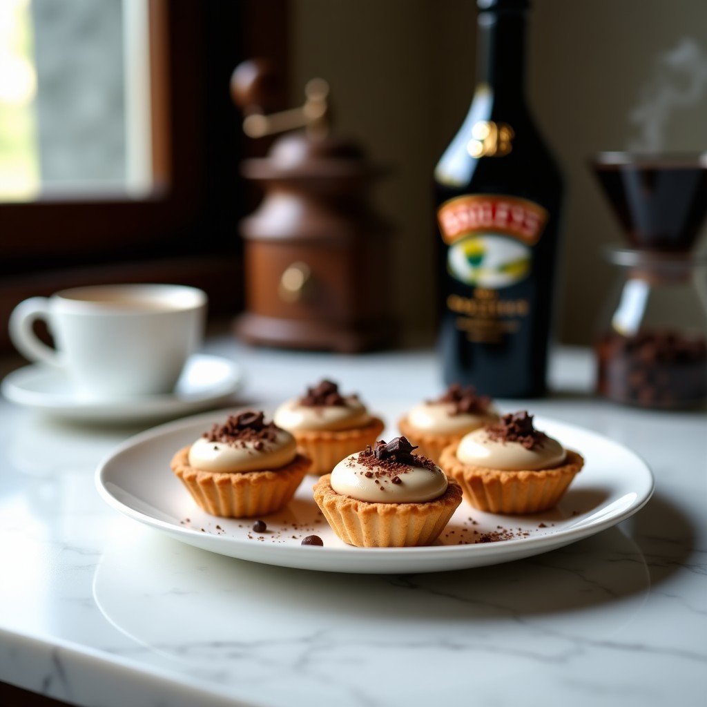 Tartaletas individuales de café con Baileys sobre plato blanco, base crujiente de galleta, crema espumosa coronada con virutas de chocolate negro y granillos de café tostados.