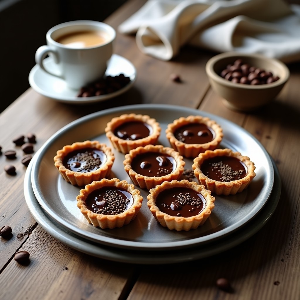 Tartaletas de café y cacao sin horno en molde de metal, con base crujiente de almendras y relleno cremoso de café y cacao, decoradas con semillas de chía.