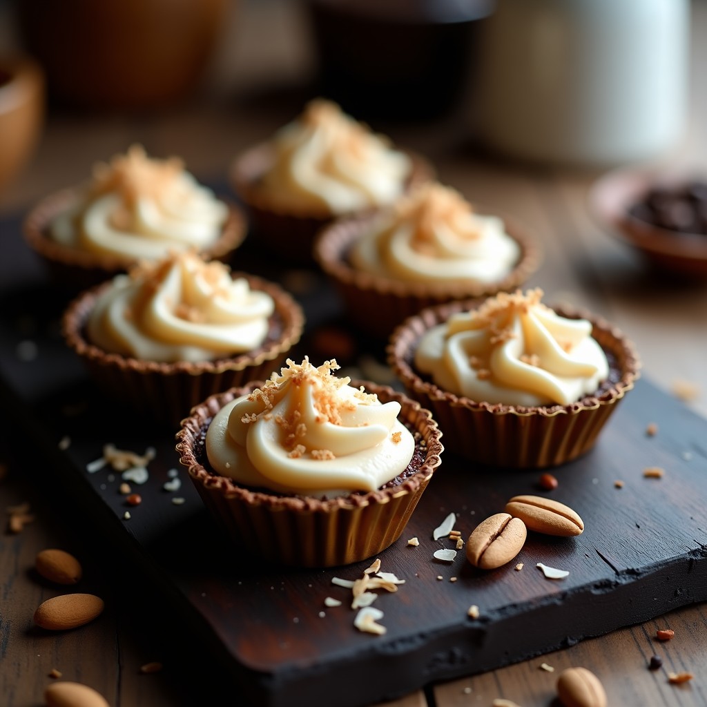 Tartaletas veganas de café y cardamomo con crema de anacardos en moldes dorados, base oscura de almendra y dátiles, crema sedosa espolvoreada con coco rallado, sobre fondo rústico de madera.