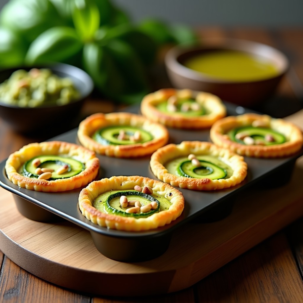 Tartaletas veganas de calabacín con base crujiente dorada, rellenas de cremoso queso de anacardos y coronadas con pesto de albahaca verde brillante y piñones tostados, servidas en molde de silicona sobre tabla de madera rústica.