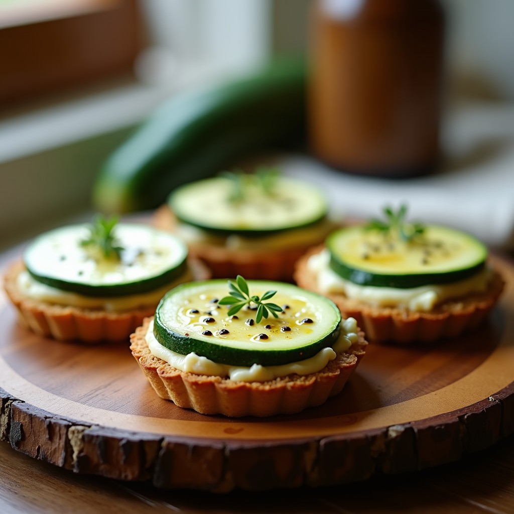 Tartaletas keto con base crujiente de almendras, rellenas de queso de cabra cremoso y rodajas de calabacín asado, decoradas con semillas de sésamo y romero fresco.